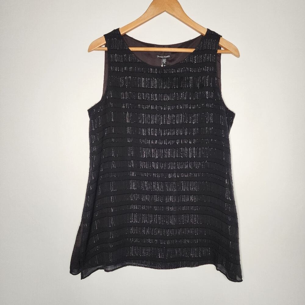 Eileen Fisher Black Silk Metallic Glimmer Ballet Neck Sleeveless Top Size S NWT
